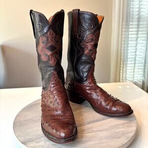 Vintage Lucchese Men's Full Quill Ostrich Cowboy Boots Brown Handmade Size 8.5